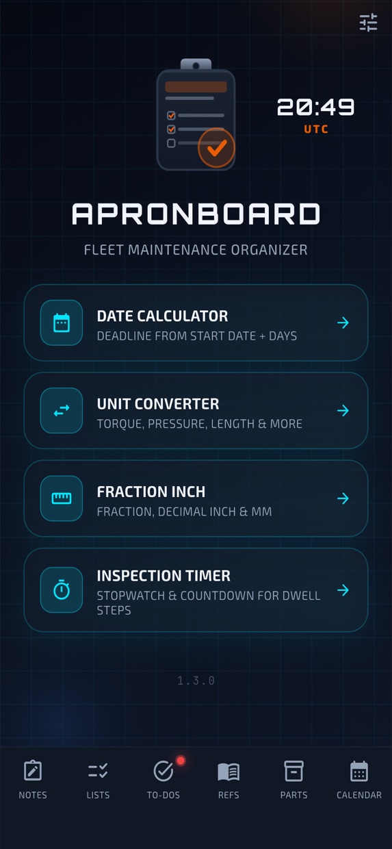 ApronBoard home screen with aviation tools