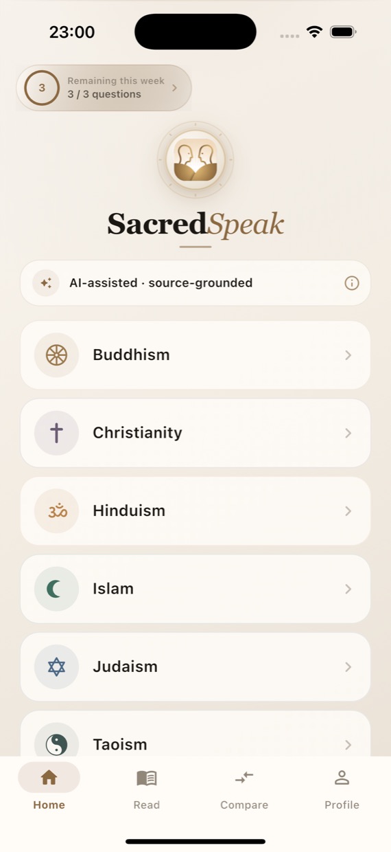 Sacred Speak home screen listing six traditions
