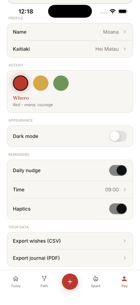 You screen with accent colours, reminders and data export options