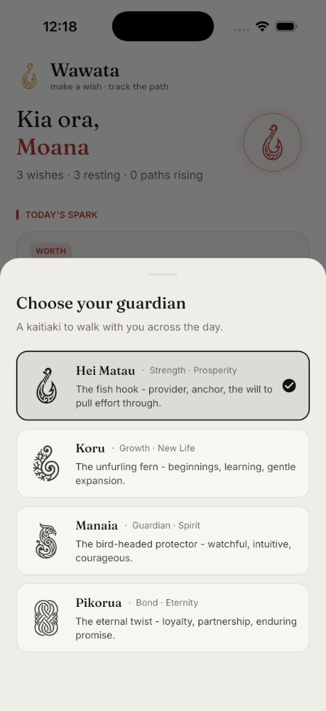 Guardian picker showing Hei Matau, Koru, Manaia and Pikorua